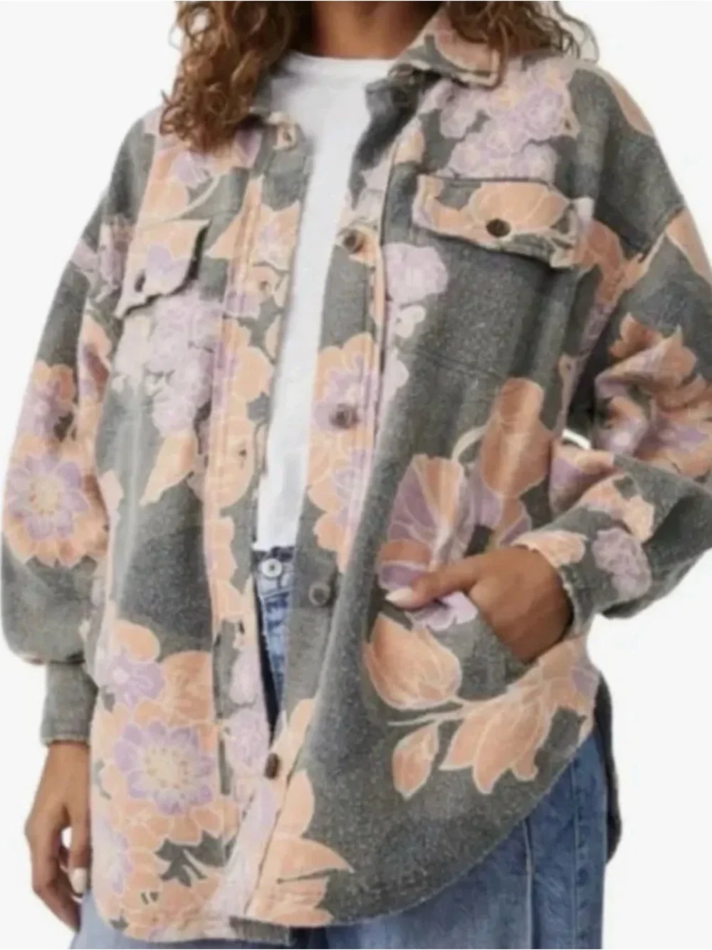 Free People “Ruby” Fleece Floral Oversized Shirt in Charcoal Gray - Picture 3 of 8